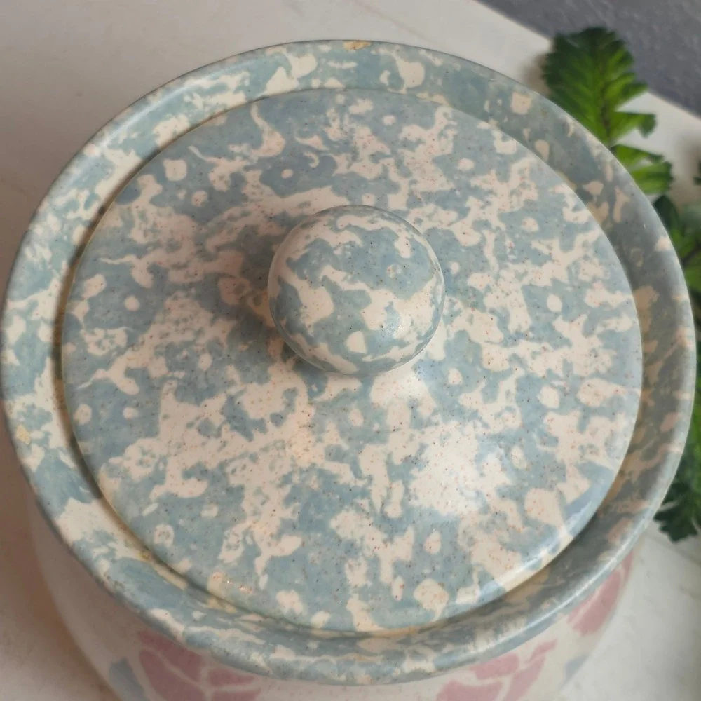 Vintage Ceramic Canister Jar‎ Lid Pink Blue Tulips Floral Design Kitchen Storage